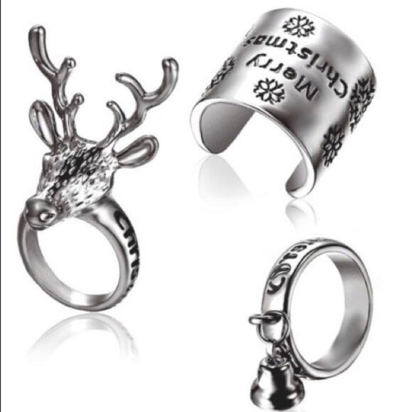 Christmas Holiday Silver 3 Piece Ring Set Size 6/7 - Picture 1 of 3